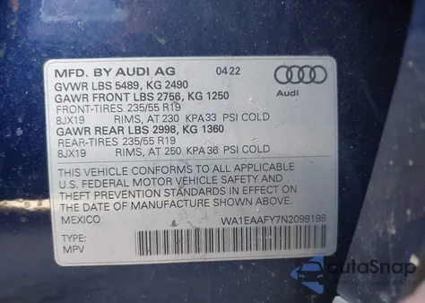 2022 Audi Q5 Premium Plus 45 Tfsi S Line Quattro S Tronic from USA, damaged, VIN WA1EAAFY7N2099198